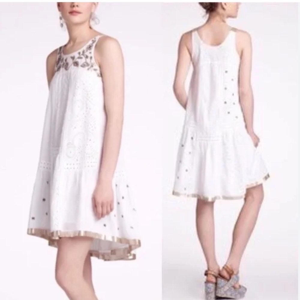 < Leifnotes White & Gold Embellished Mini Dress Size 2 >
